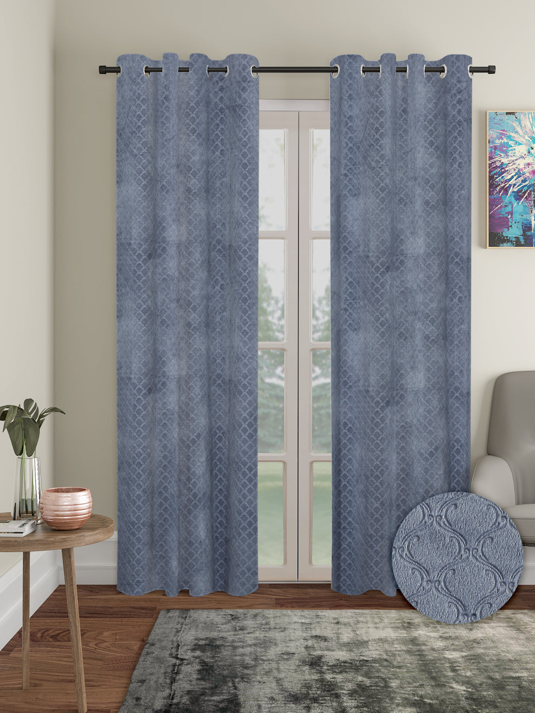 Set of 2 Velvet Blackout Long Door Curtains with 5 Cushion Covers- Grey