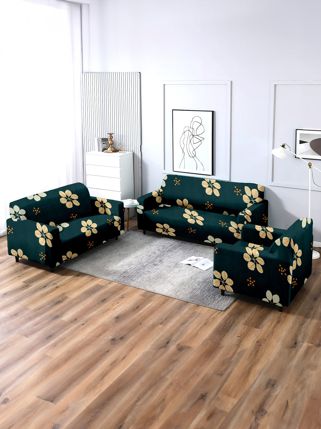 Elastic Stretchable Universal Printed Sofa Cover 3+1+1 Seater- Green