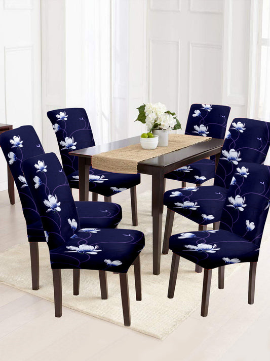 Stretchable DiningPrinted Chair Cover Set-6 Navy Blue