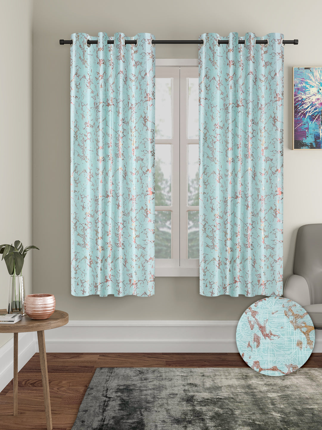 Set of 2 Knitted Window Curtains with 5 Cushion Covers- Blue