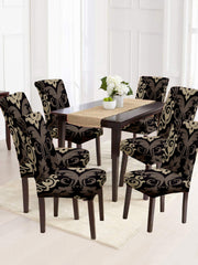 Stretchable DiningPrinted Chair Cover Set-6  Brown