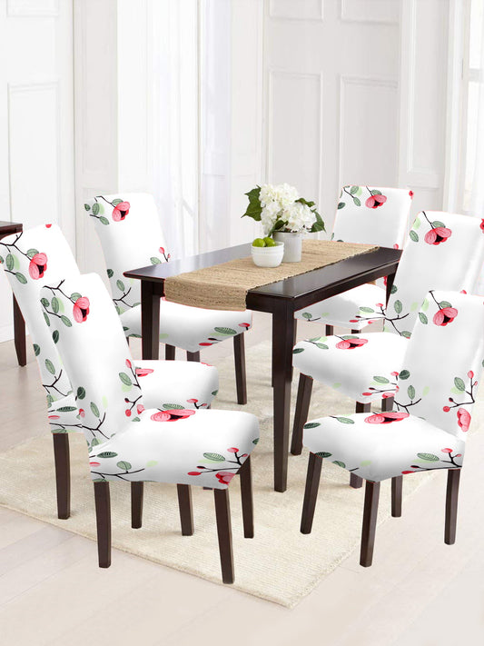 Stretchable DiningPrinted Chair Cover Set-6 White & Pink