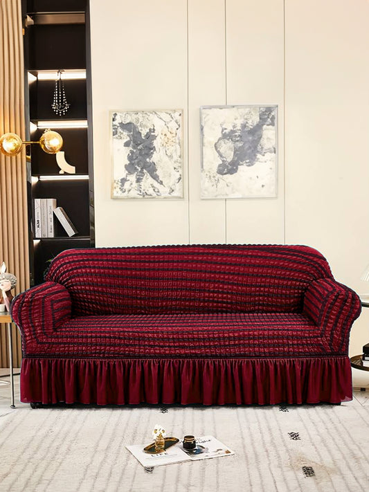 Elastic Stretchable Universal Striped Sofa Cover with Ruffle Skirt 2 Seater- Maroon