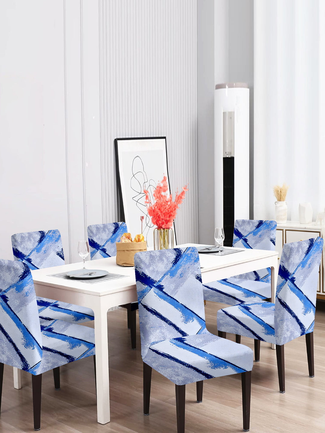Elastic Geometric Printed Non-Slip Dining Chair Covers Set of 6 - Blue