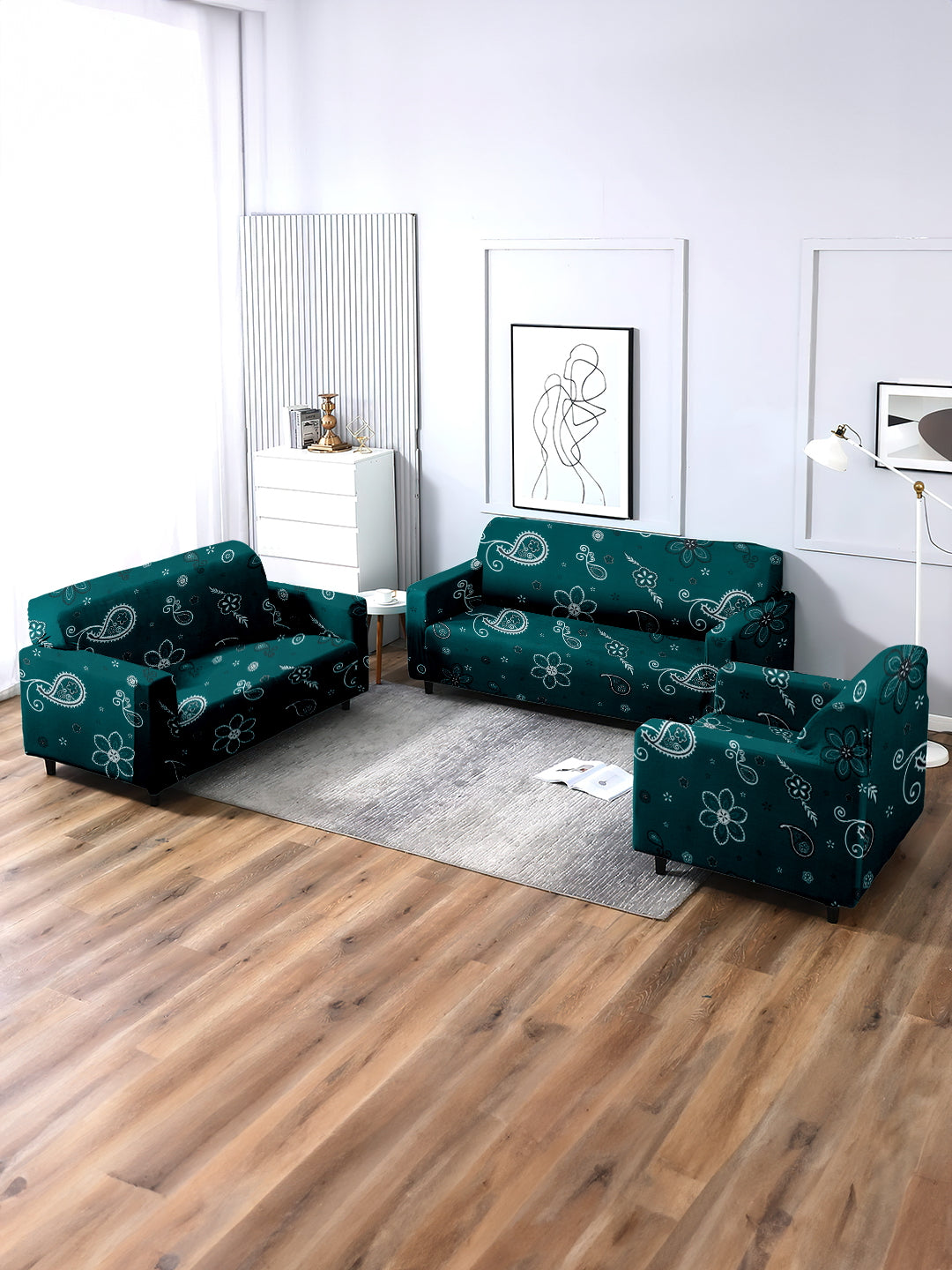 Elastic Stretchable Universal Printed Sofa Cover 3+1+1 Seater- Teal
