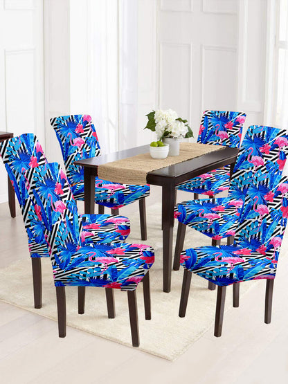 Stretchable DiningPrinted Chair Cover Set-6 Blue