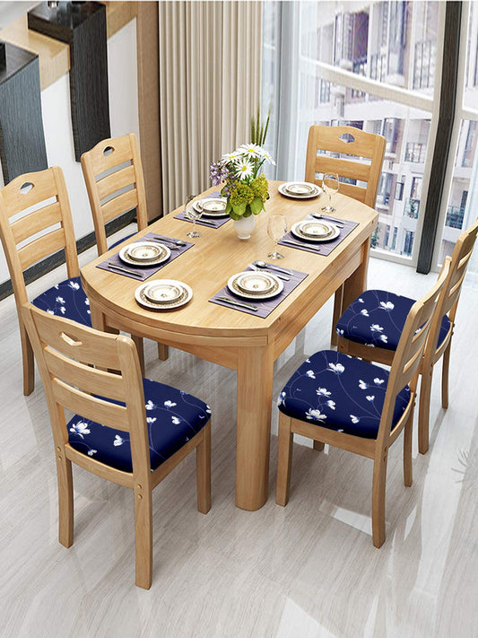 Stretchable Floral Printed Non Slip Chair Pad Cover Pack of 6- Navy Blue
