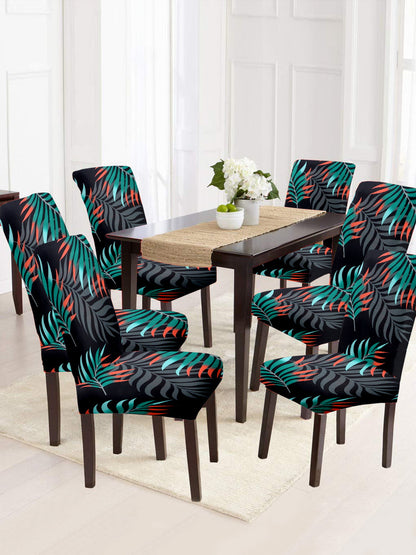 Stretchable DiningPrinted Chair Cover Set-6 Black & Green