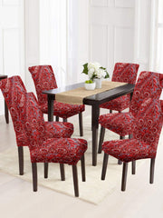 Stretchable DiningPrinted Chair Cover Set-6  Maroon