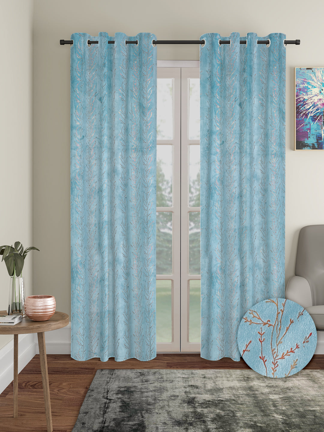 Set of 2 Velvet Foil Blackout Door Curtains with 5 Cushion Covers- Blue