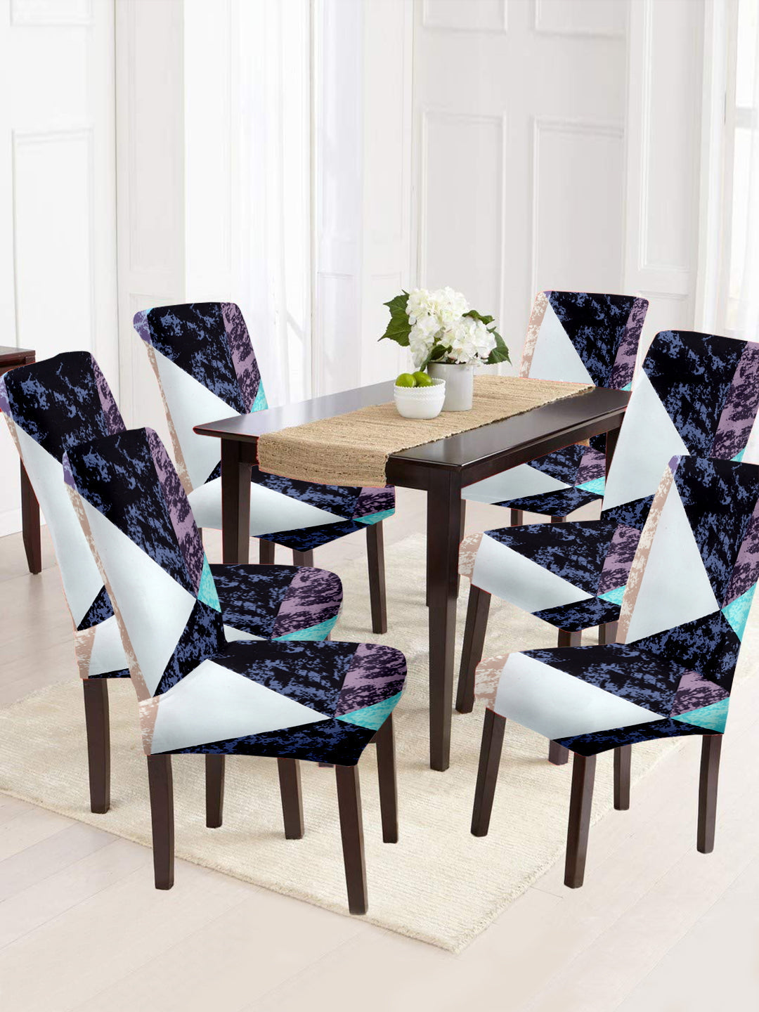 Stretchable DiningPrinted Chair Cover Set-6 Purple