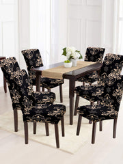 Stretchable DiningPrinted Chair Cover Set-6  Black & Beige