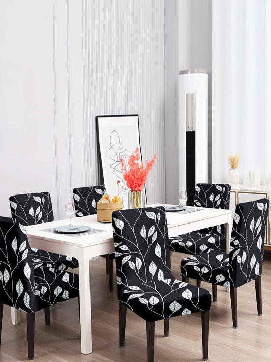 Elastic Floral Printed Non-Slip Dining Chair Covers Set of 6 - Black