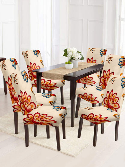 Stretchable DiningPrinted Chair Cover Set-6 Cream