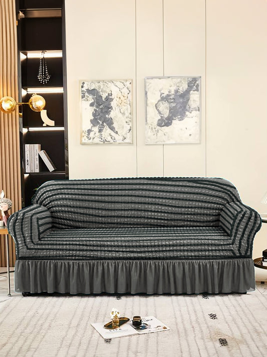 Elastic Stretchable Universal Striped Sofa Cover with Ruffle Skirt 2 Seater- Grey