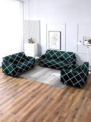 Elastic StretchableUniversal Printed Sofa Cover 3+1+1 Seater-Green