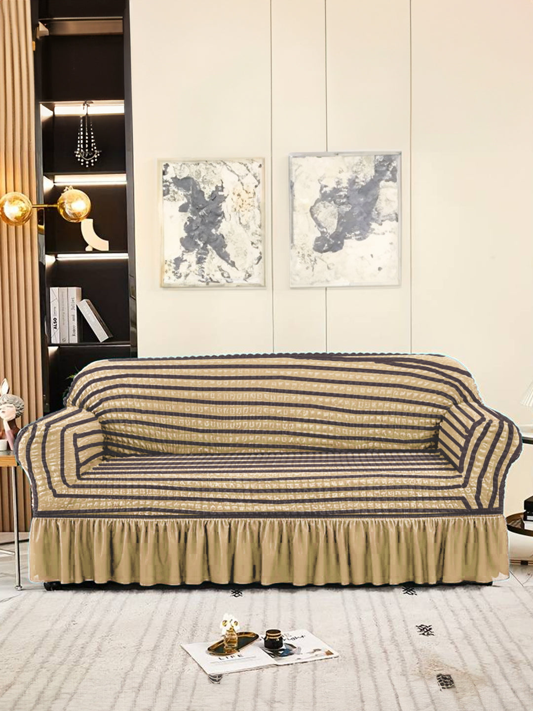 Elastic Stretchable Universal Striped Sofa Cover with Ruffle Skirt 2 Seater- Cream