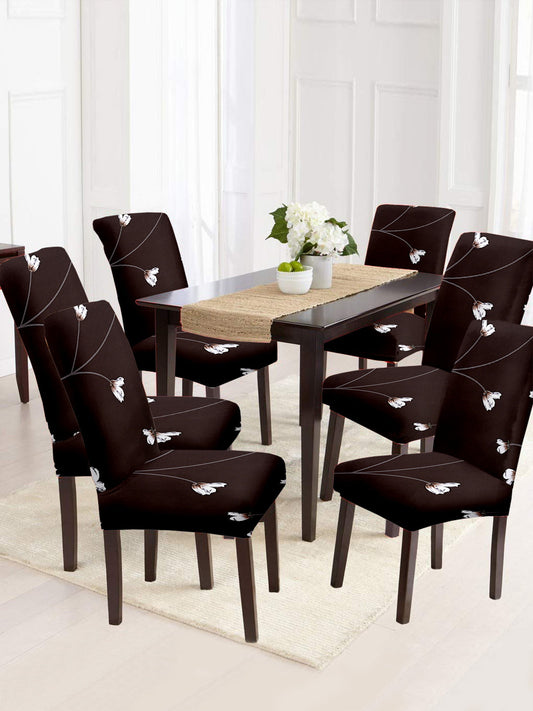 Stretchable DiningPrinted Chair Cover Set-6 Brown