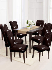 Stretchable DiningPrinted Chair Cover Set-6 Brown