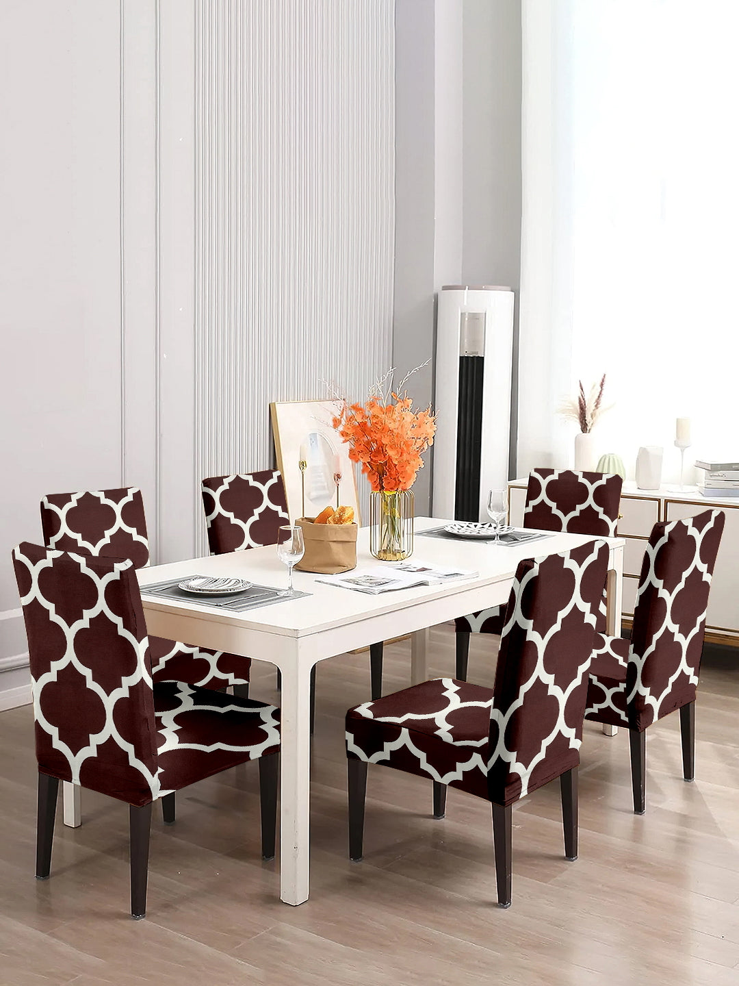 Elastic Digital Printed Non-Slip Dining Chair Covers Set of 6 - Brown