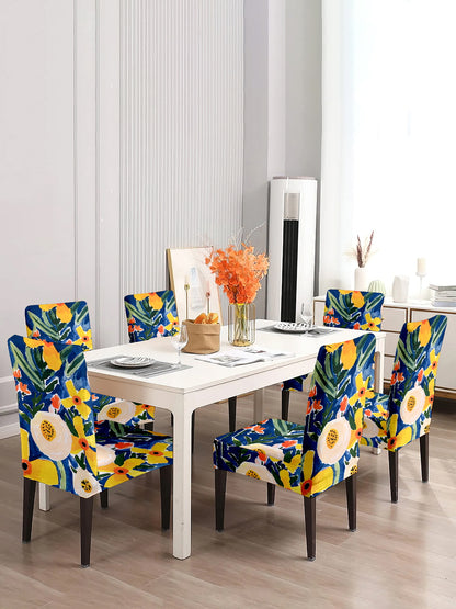 Elastic Floral Printed Non-Slip Dining Chair Covers Set of 6 - Blue