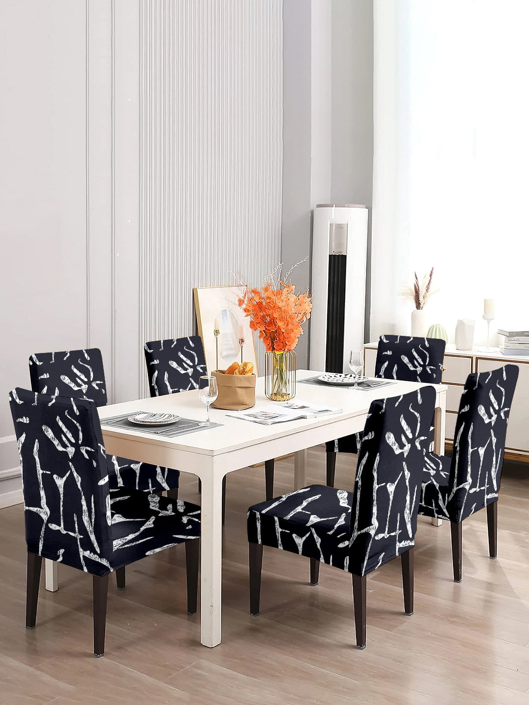 Elastic Digital Printed Non-Slip Dining Chair Covers Set of 6 - Black
