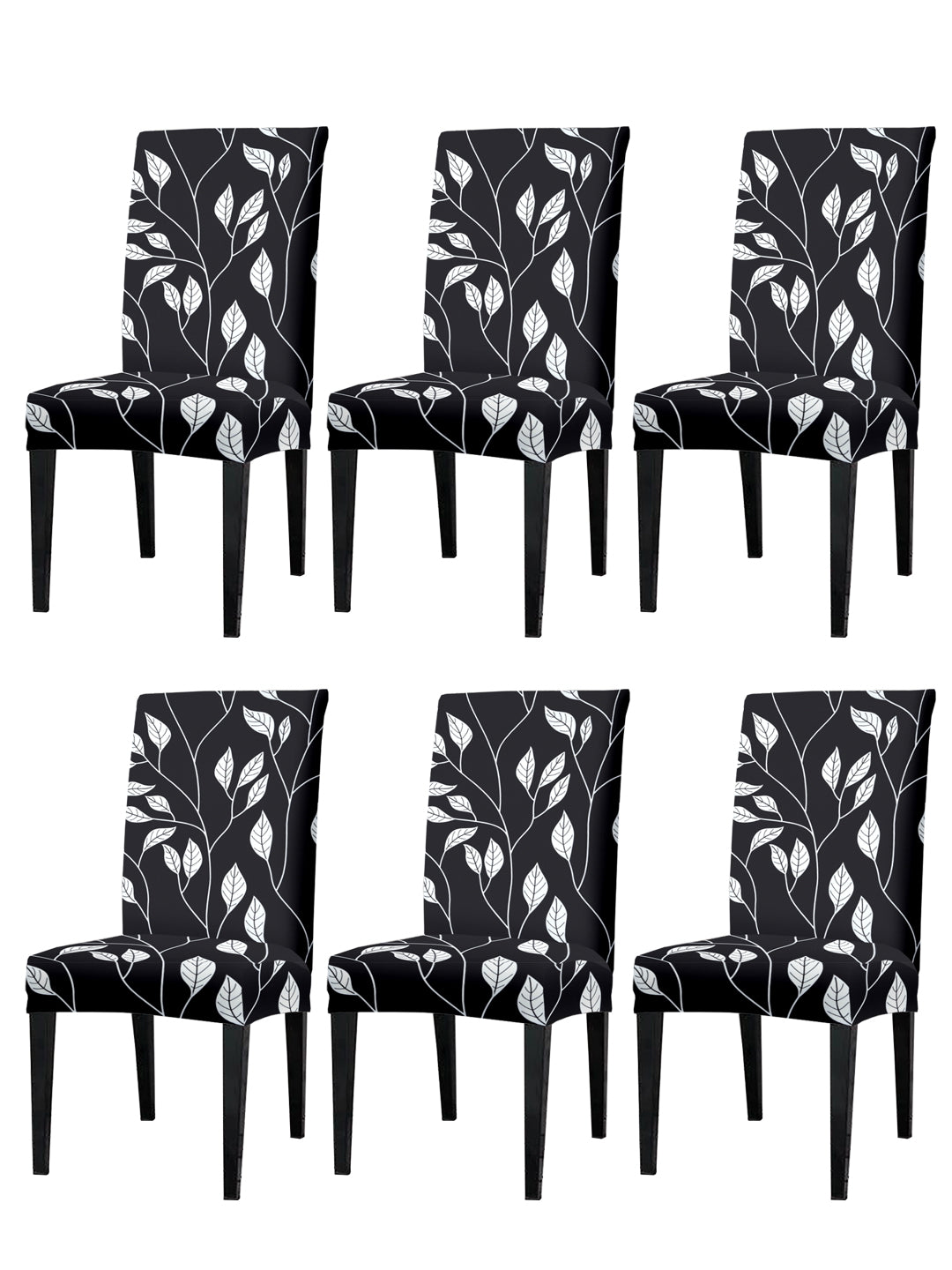 Elastic Floral Printed Non-Slip Dining Chair Covers Set of 6 - Black