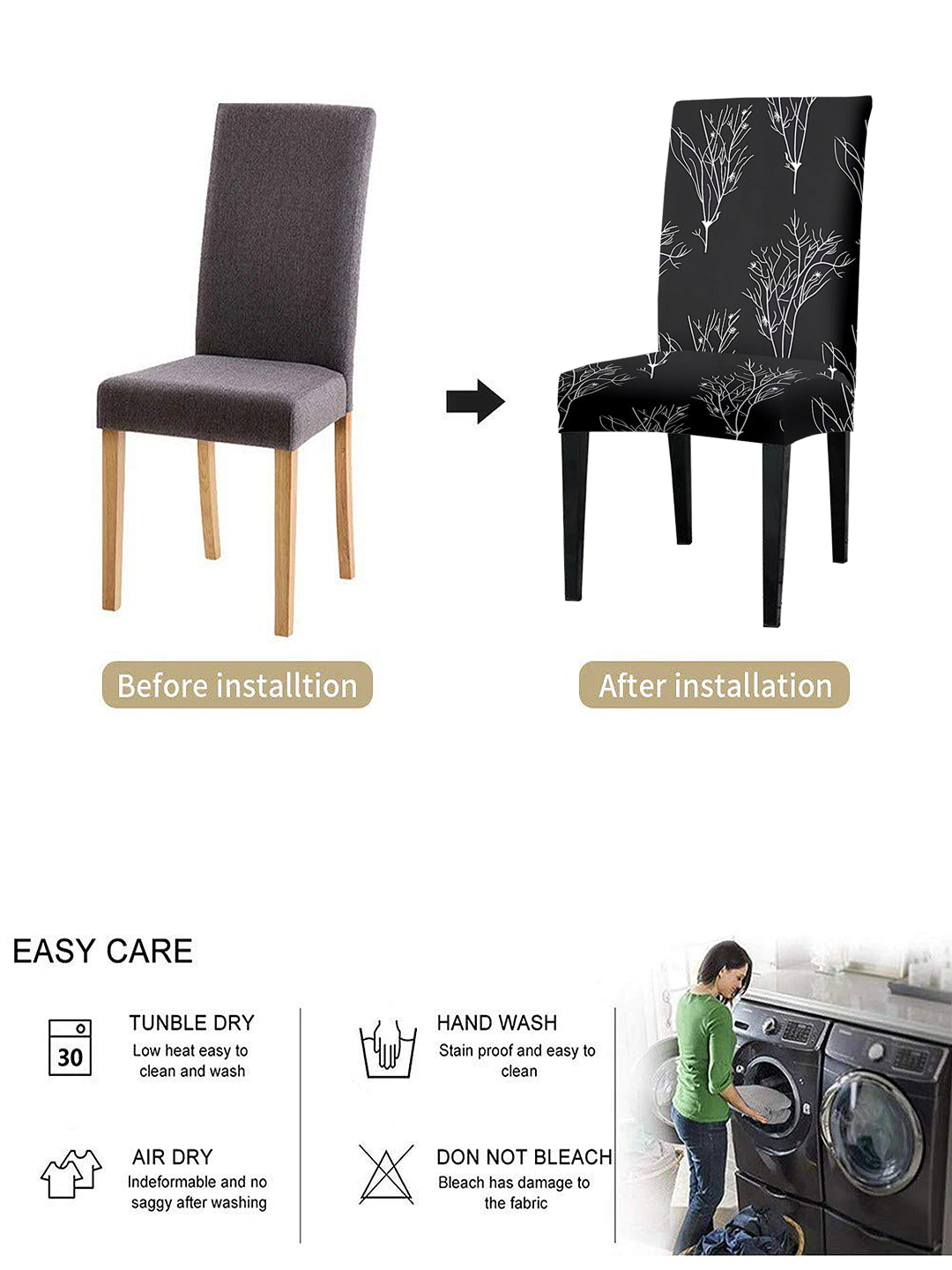 Stretchable DiningPrinted Chair Cover Set-4 Black