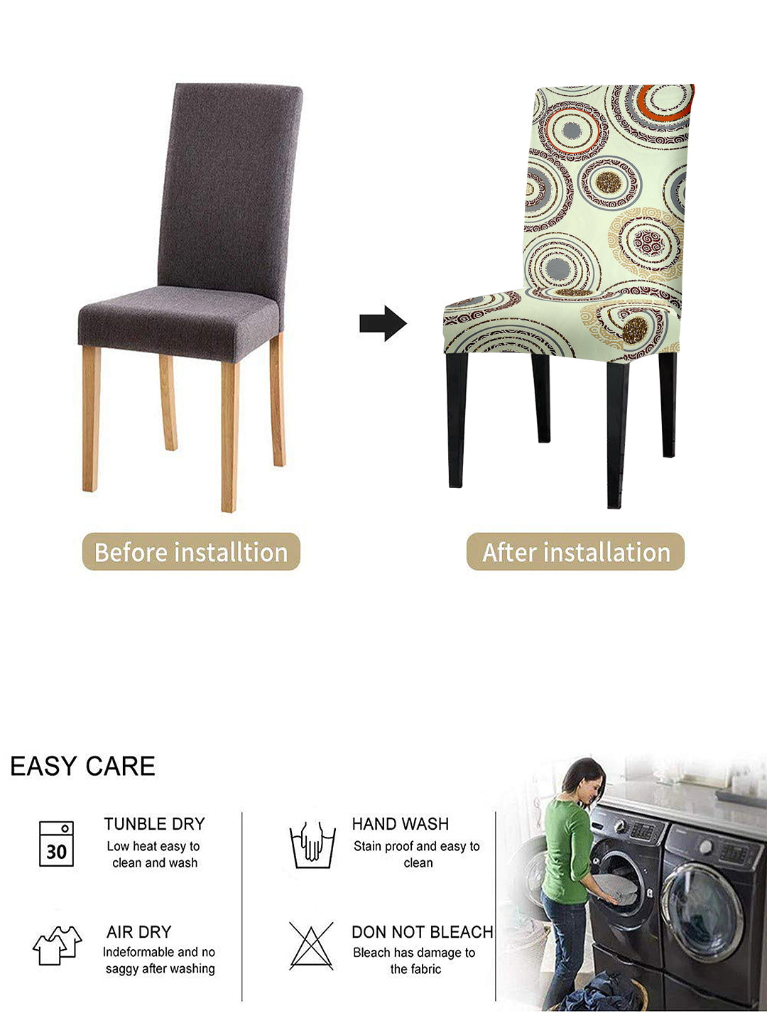 Elastic Digital Printed Non-Slip Dining Chair Covers Set of 6 - Cream