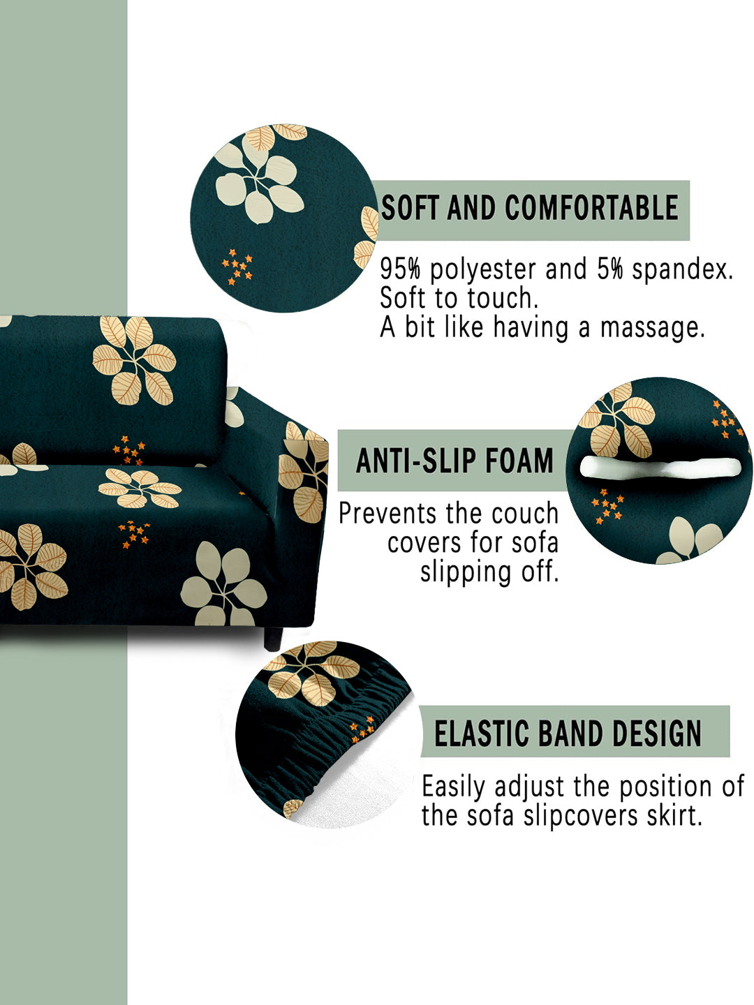 Elastic Stretchable Universal Printed Sofa Cover 3+1+1 Seater- Green