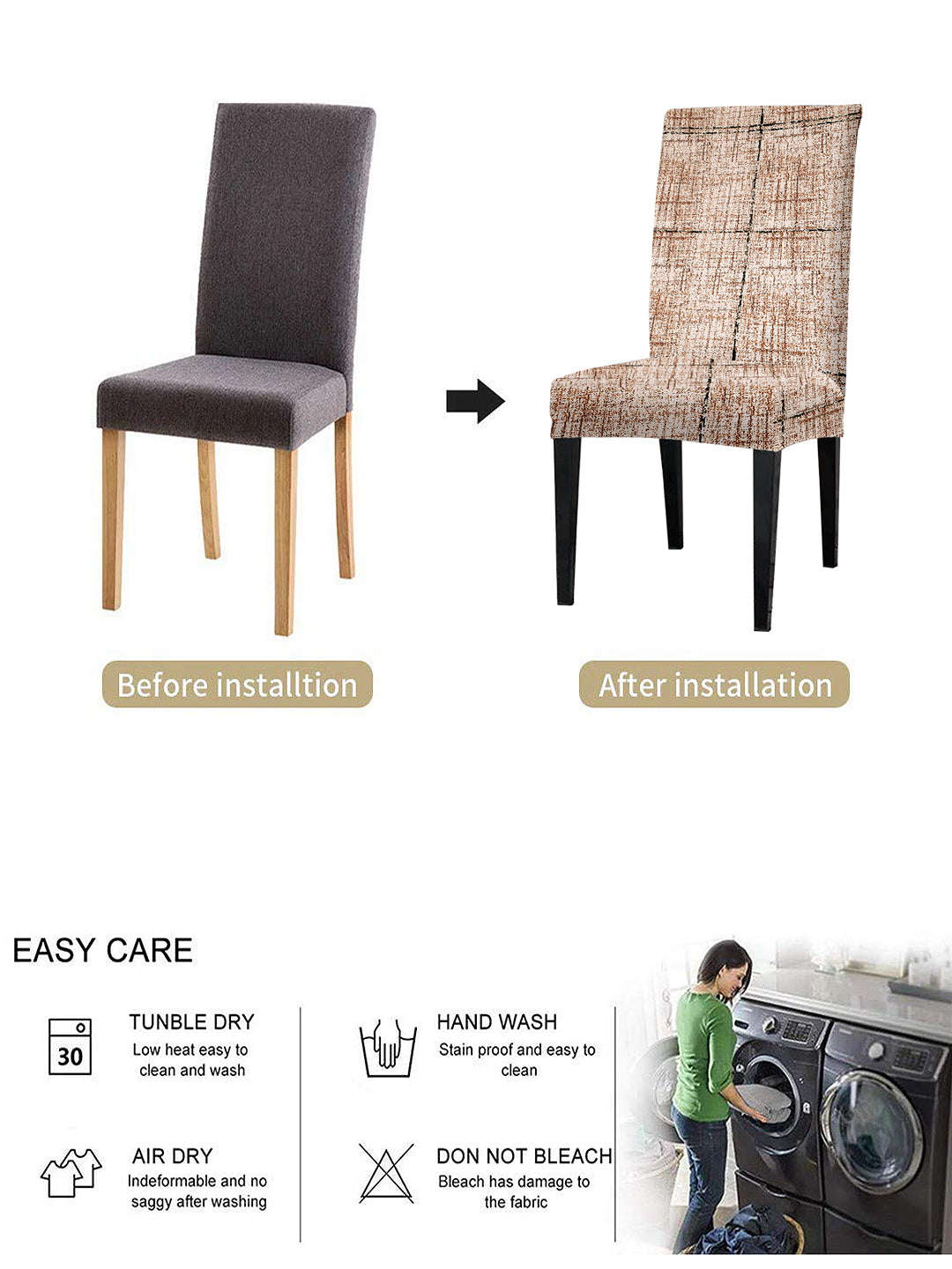 Elastic Digital Printed Non-Slip Dining Chair Covers Set of 6 - Beige