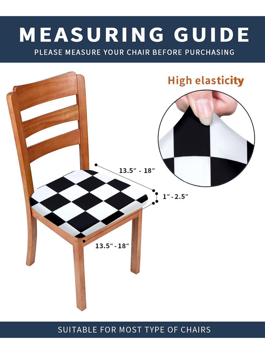 Stretchable Checks Printed Non Slip Chair Pad Cover Pack of 1- Black & White