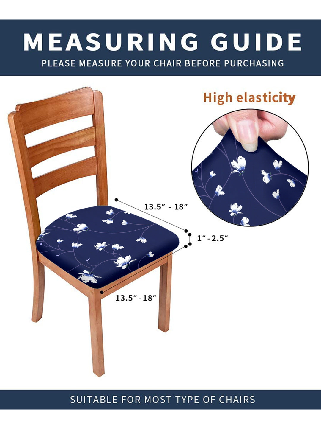 Stretchable Floral Printed Non Slip Chair Pad Cover Pack of 6- Navy Blue