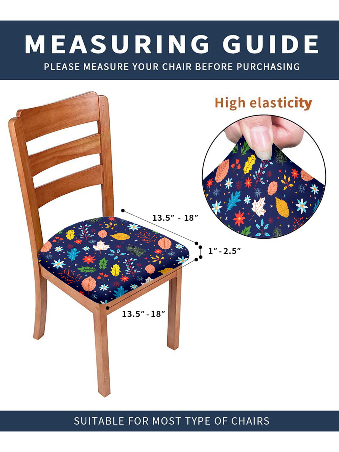 Stretchable Floral Printed Non Slip Chair Pad Cover Pack of 6- Navy Blue