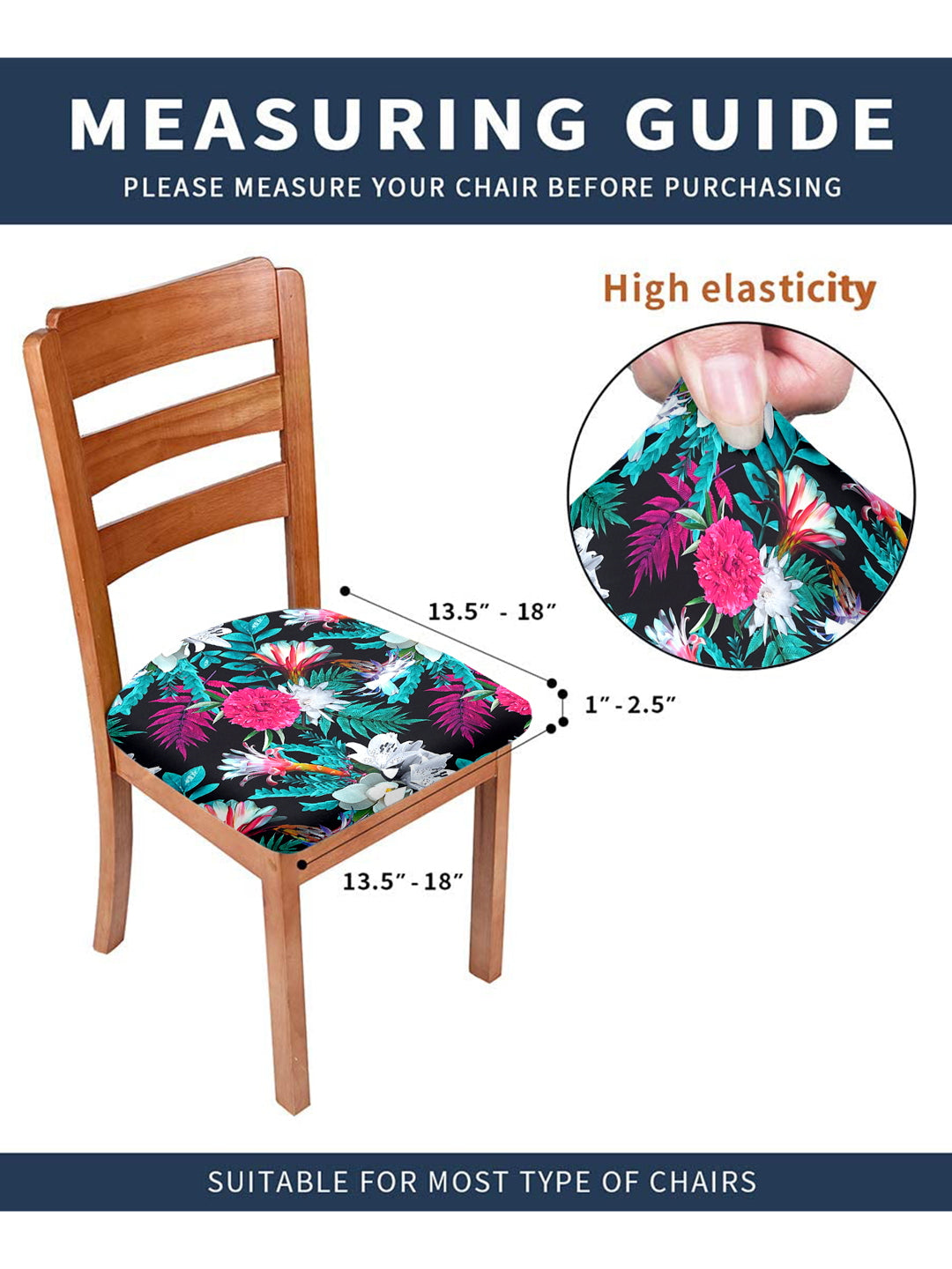 Stretchable Floral Printed Non Slip Chair Pad Cover Pack of 1- Black