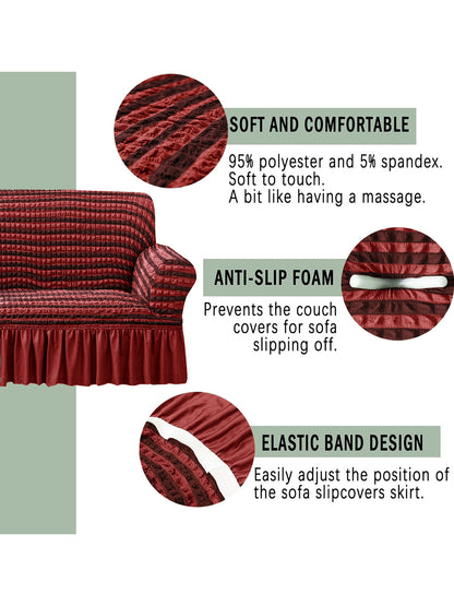 Elastic Stretchable Universal Striped Sofa Cover with Ruffle Skirt 3+1+1 Seater- Maroon