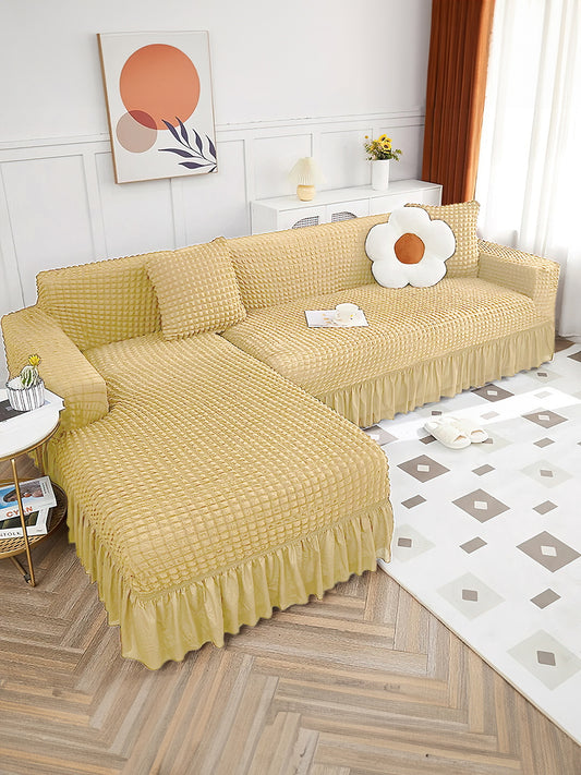 Stretchable L Shape Sofa Slip Cover with Frill 3+3 Seater- Cream