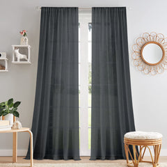 Pack of 2 Solid Linen Sheer Long Door Curtains- Black