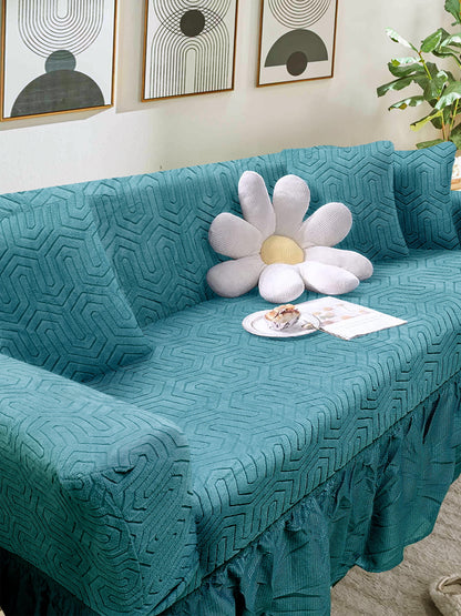 Elastic Stretchable Jacquard Sofa Cover with Frill 2 Seater- Teal