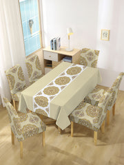 Stretchable Printed Table Cover & Dining Chair Cover Set brown