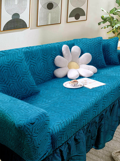 Elastic Jacquard Frill Sofa Cover 2 seater-Blue