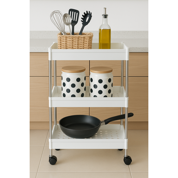 Cortina Heavy Duty Plastic Storage 3 TierShelves for Home Kitchen Garage Bathroom | Multipurpose Tiered Rack Organizer with Wheels | Strong Load-Bearing Modular Storage Unit | 40.5x13x65