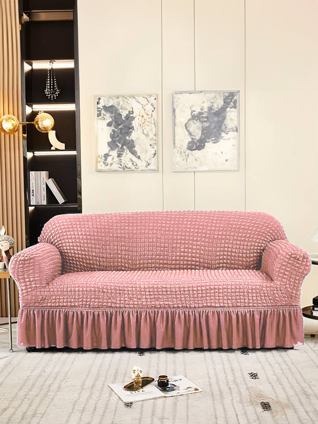 Elastic Stretchable Universal Sofa Cover with Ruffle Skirt 2 Seater- Pink