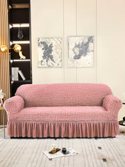 Elastic StretchableFrill 2 Seater Sofa Cover-Pink