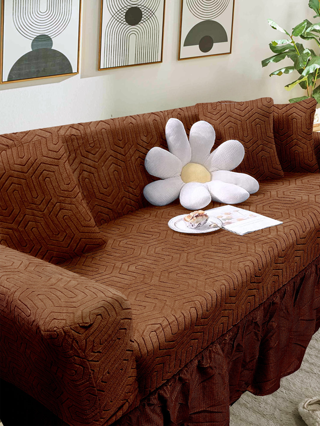 Elastic Stretchable Jacquard Sofa Cover with Frill 2 Seater- Brown