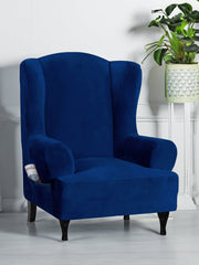 Stretchable Velvet Wingback Chair Cover-Navy Blue