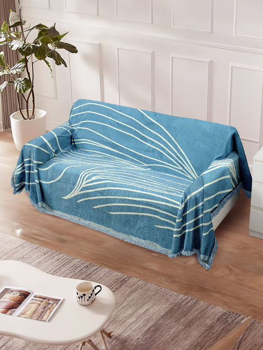 Reversible Sofa Blanket Cover with Tassels 3 Seater- Blue