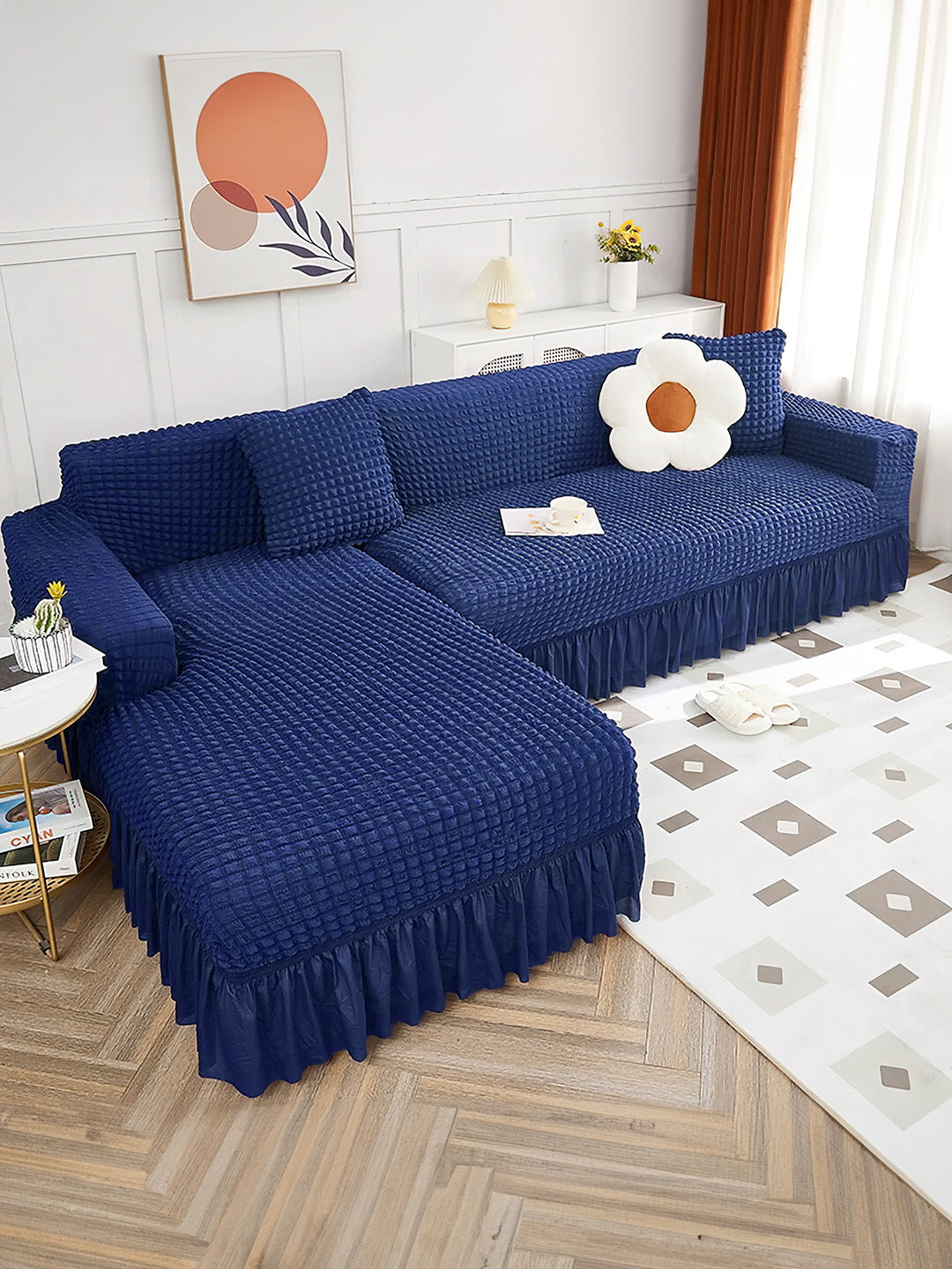 Stretchable L Shape Sofa Slip Cover with Frill 2+2 Seater- Navy Blue