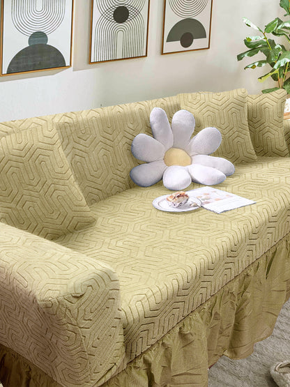 Elastic Stretchable Jacquard Sofa Cover with Frill 2 Seater- Cream