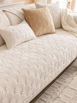 Durable Beige Microfiber Sofa Toper Set | Solid Chenille | Machine Washable with Straps